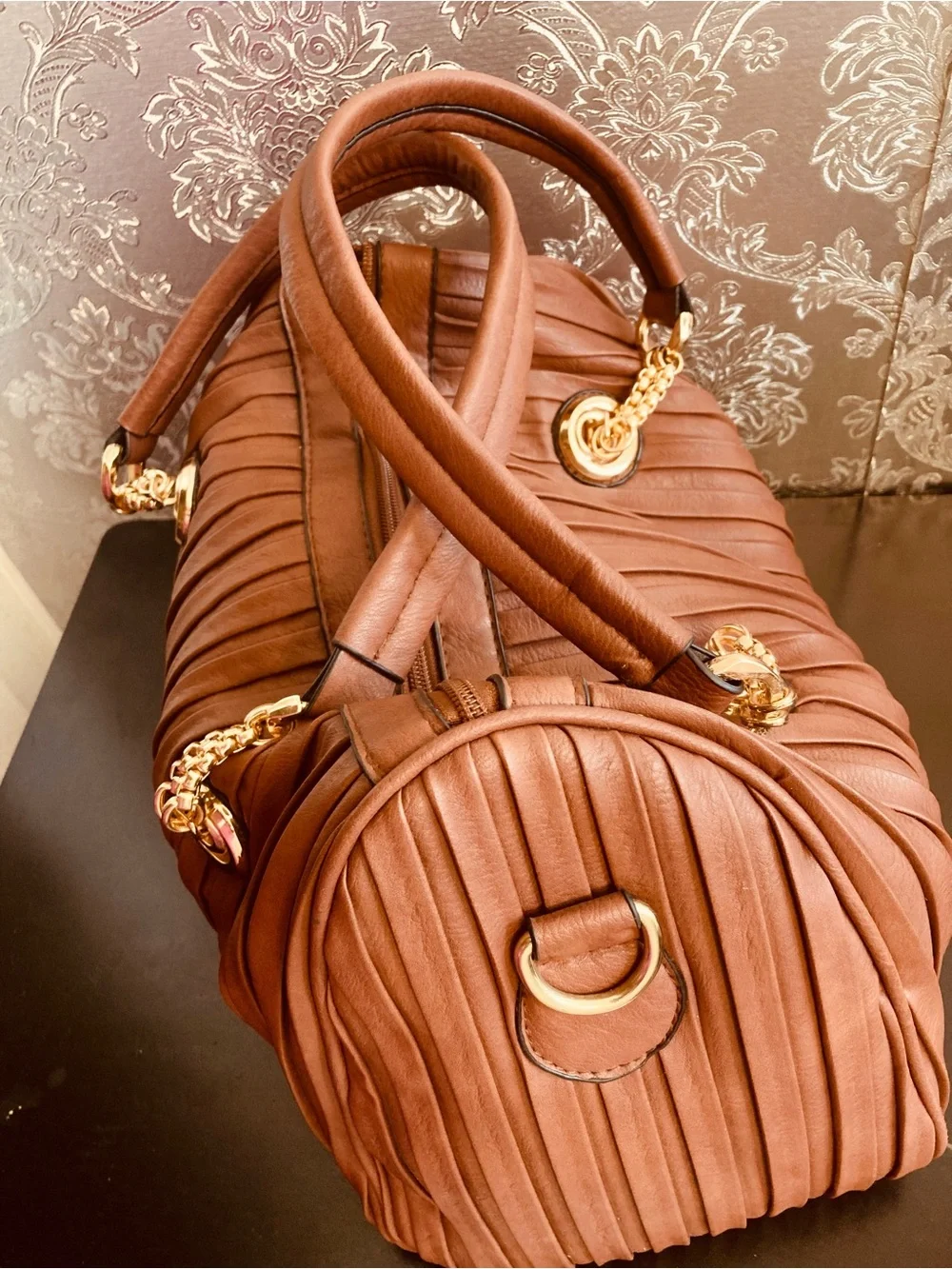 Pleated Satchel Handbag in Rich Brown with Gold Hardware